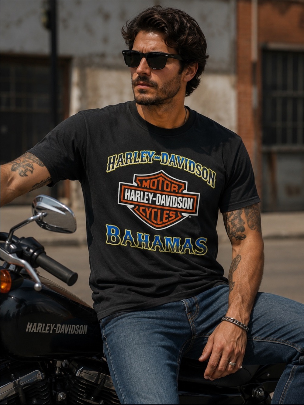 Harley-Davidson Black T‑Shirt with Orange Shield and Blue-Yellow Bahamas Text